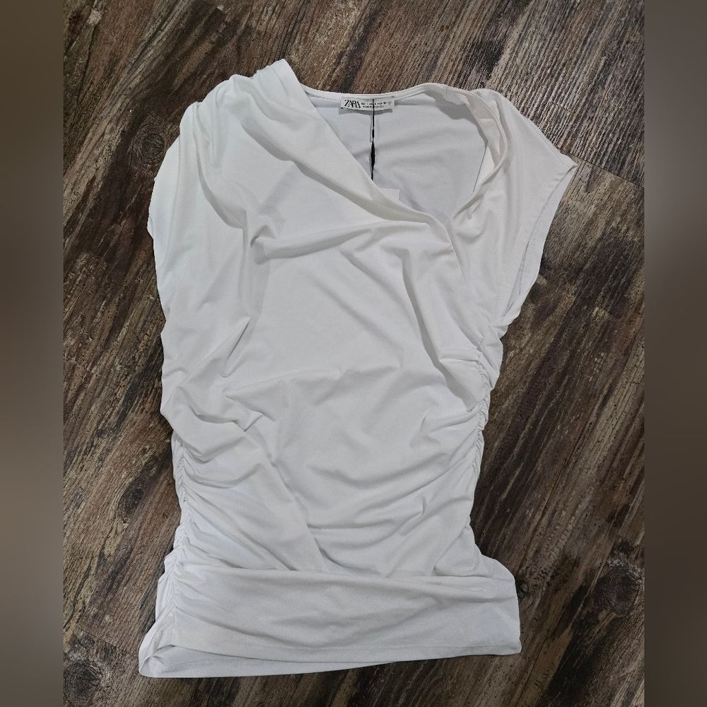 Zara White Sleeveless Drape Tee NWT
